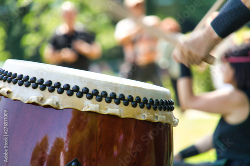 Close-up of a large Taiko drum for traditional Japanese drummers