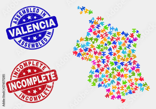 Assemble Valencia Province map and blue Assembled seal stamp, and Incomplete grunge stamp. Bright vector Valencia Province map mosaic of puzzle units. Red round Incomplete seal.