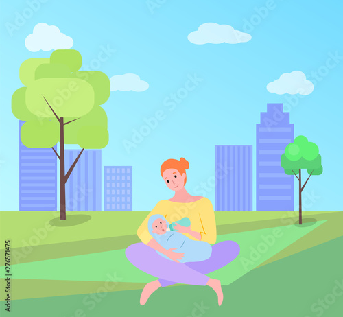 Newborn child vector, woman with kid feeding baby in green city park with buildings. Childcare, happy motherhood and childhood, loving parent female