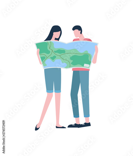 Travelers or hikers, couple with map, vacation or holidays vector. Man and woman exploring land or territory, geography and cartography, journey or trip