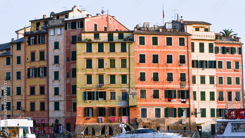 Group of colored houses of the port of Camogli in Italy