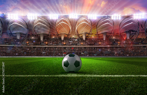 Football soccer sport stadium field with ball  green grass  tribunes full of fans  spotlights  flashes illumination. Crowded football soccer championship arena  at night. Sports design background. 3D