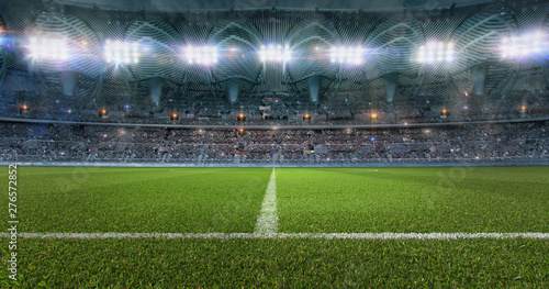 Football soccer sport stadium field with green grass  tribunes full of fans  spotlights  flashes illumination. Crowded football soccer arena for championship at night. Sports design background. 3D