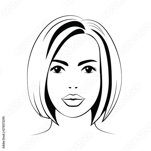 Woman  young face with short hair, black outline on white background