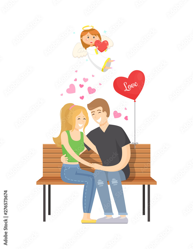 People in love relaxing vector, man and woman spending time together and sitting on bench. Balloon in form of heart, angel girl flying above couple People in love relaxing vector, man and woman spending time together and sitting on bench. Balloon in form of heart, angel girl flying above couple