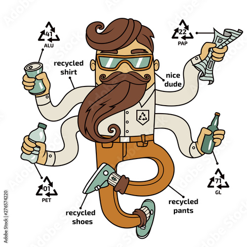 Vector illustration of the bearded man who sorting recycable packings: plactic bottle, aluminium can, glass bottle and paper. Eco-friendly lifestyle.