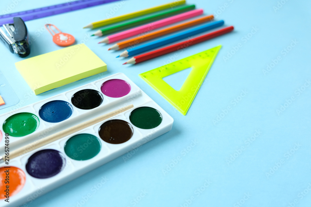 Back to school. The various stationery on light blue background. Back to school. The various stationery on light blue background.