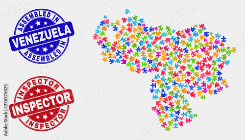 Module Venezuela map and blue Assembled seal stamp, and Inspector distress seal stamp. Colorful vector Venezuela map mosaic of puzzle elements. Red round Inspector stamp.
