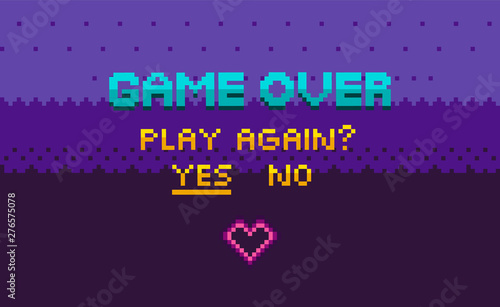Game over and question of play again, yes or no choosing link, finish level page in purple color, pixelated graphic of final video-game, interface vector, 8 bit pixel text