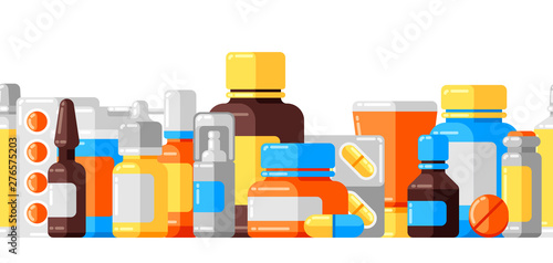 Seamless pattern with medicine bottles and pills.