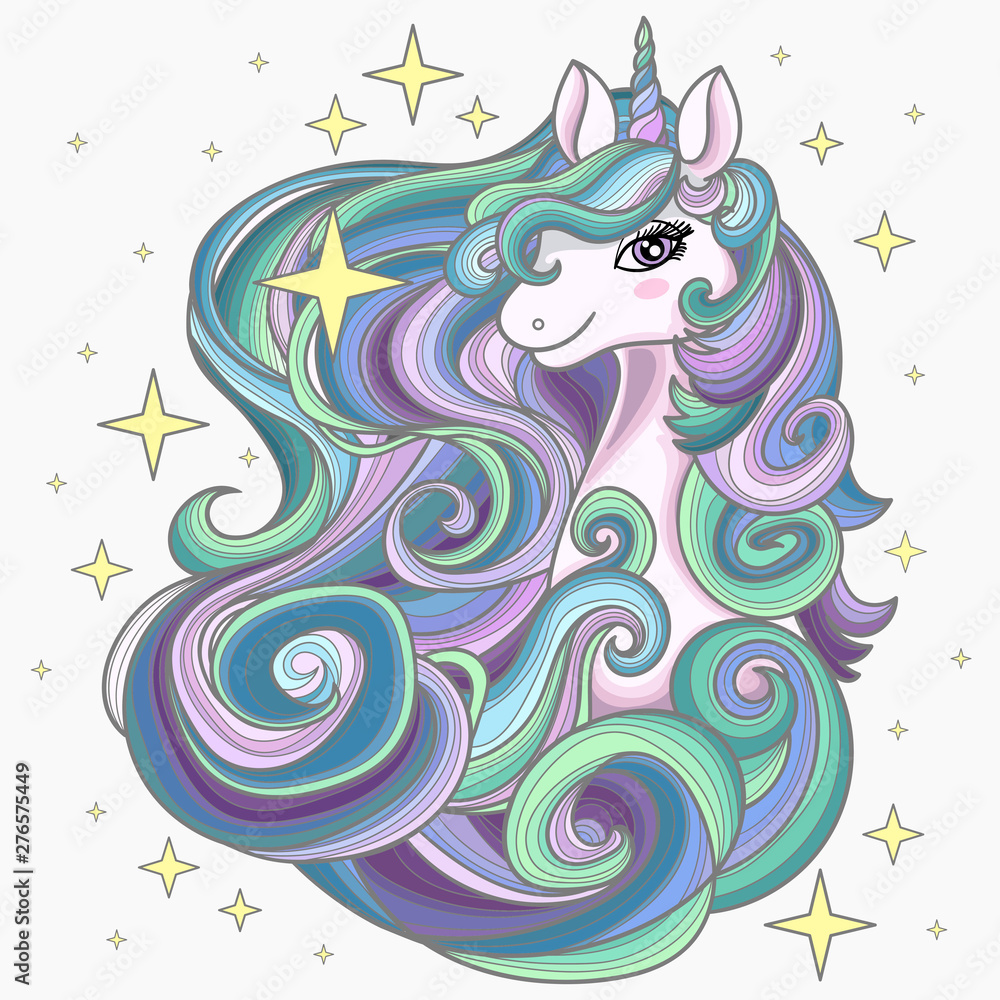 Head of a unicorn with a long mane. The magical animal. Vector illustration