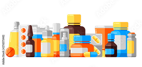 Background with medicine bottles and pills.