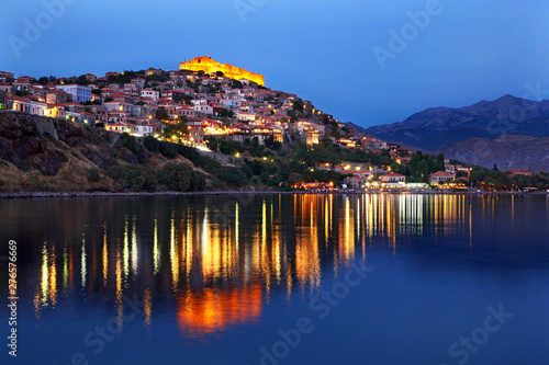 LESVOS (or "MYTILENE") ISLAND, NORTH AEGEAN, GREECE. Night view of Molyvos town and its castle.