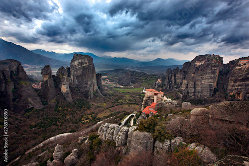 Panoramic view of the valley of Meteora from a rock called "Psaropetra" (literally "fishstone"), Kalambaka, Trikala, Thessaly, Greece. 