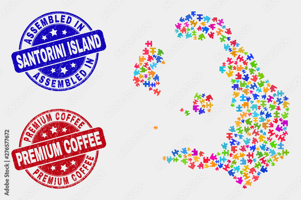 Module Santorini Island map and blue Assembled stamp, and Premium Coffee textured stamp. Bright vector Santorini Island map mosaic of plugin modules. Red rounded Premium Coffee seal. Module Santorini Island map and blue Assembled stamp, and Premium Coffee textured stamp. Bright vector Santorini Island map mosaic of plugin modules. Red rounded Premium Coffee seal.