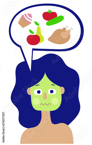 A woman with blue hair feels sick when she thinks about food. She has a green complexion. The woman is pregnant and has morning sickness, or she may have ingested something toxic. Flat vector 
