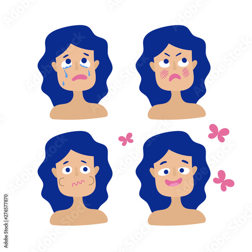 Different emotions of a pregnant woman. Anger, sadness, disgust, joy. Hormones. Mood swings. Flat vector on white background