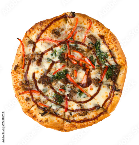 Pizza on a white background close-up. Freshly baked pizza isolated on white background. Top view.