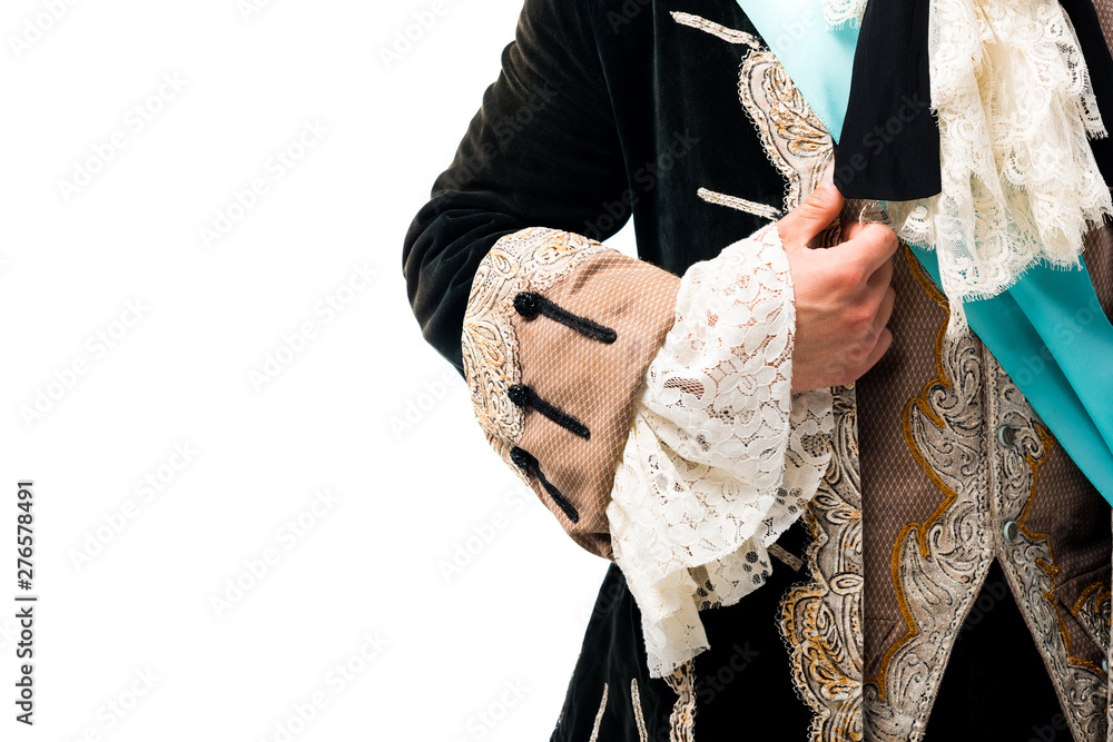 cropped view of man touching suit isolated on white - obrazy, fototapety, plakaty 