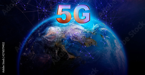 Concept of high speed wireless mobile 5G network. New generation technology mobile internet business background with planet earth, 5G icon symbol, plexus lines connections as wireless system design