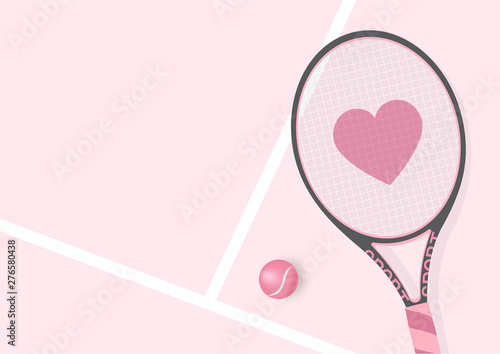 Realistic Pastel Pink Racket  with Heart and Tennis Ball Background Illustration