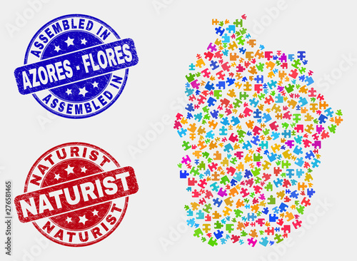 Module Flores Island of Azores map and blue Assembled seal stamp, and Naturist distress seal stamp. Colored vector Flores Island of Azores map mosaic of plug-in connectors. Red rounded Naturist stamp.