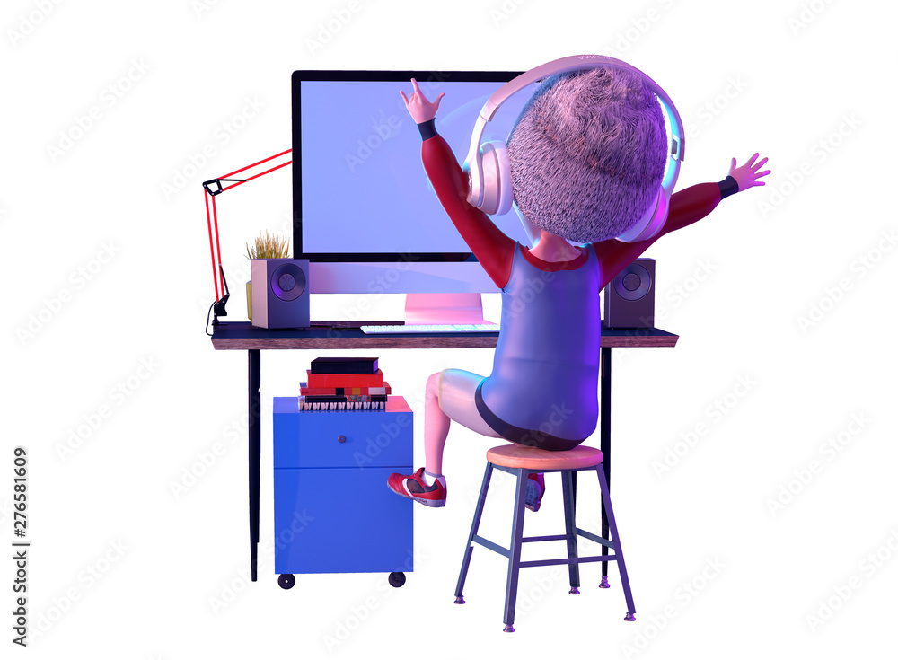 Happy kid boy gamer winning while playing video game on pc computer. Funny  child cartoon character of little boy wearing headphones, streaming game.  Virtual gaming e-sport design. 3D render Stock Illustration |