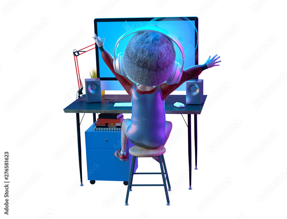 Happy kid boy gamer imagine winning while playing video game on pc computer.  Funny child cartoon character of little boy wearing headphones, streaming  game. Virtual gaming e-sport design. 3D render Stock Illustration |