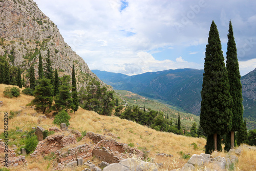 Scenic breathtaking view to mountain landscape in Greece, valley of Phosis and Parnassus mountain near Delphi photo