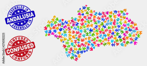 Element Andalusia Province map and blue Assembled seal, and Confused grunge seal. Colorful vector Andalusia Province map mosaic of plugin. Red round Confused imprint.