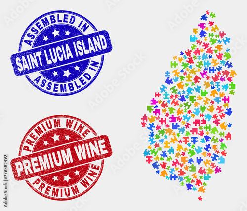 Puzzle Saint Lucia Island map and blue Assembled stamp, and Premium Wine grunge seal stamp. Colorful vector Saint Lucia Island map mosaic of puzzle components. Red round Premium Wine stamp.