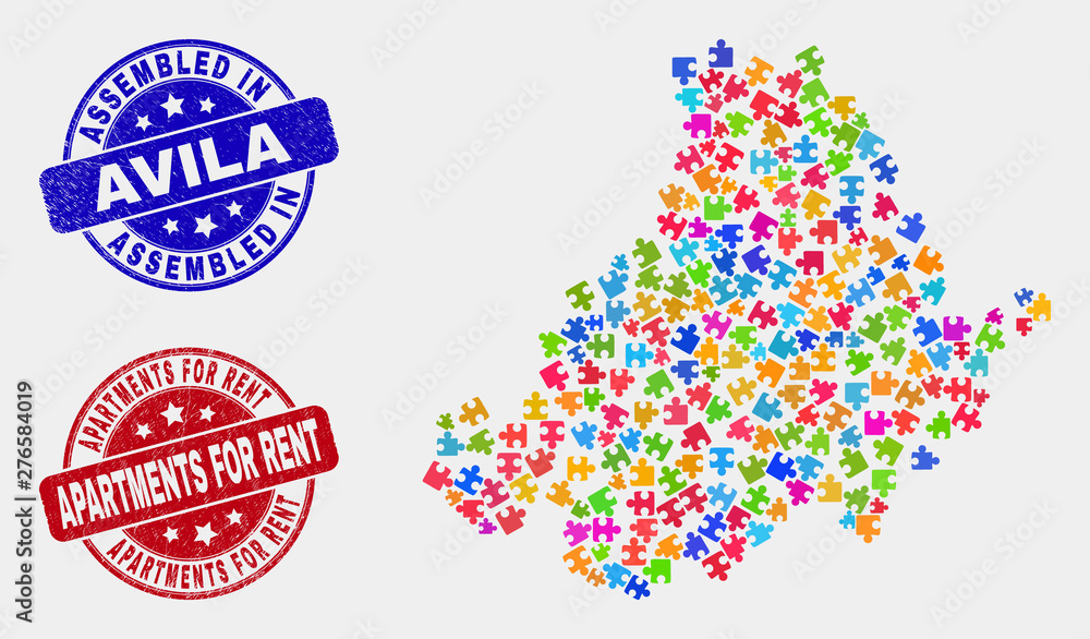 Constructor Avila Province map and blue Assembled seal stamp, and Apartments for Rent grunge seal stamp. Colorful vector Avila Province map mosaic of plugin parts. Constructor Avila Province map and blue Assembled seal stamp, and Apartments for Rent grunge seal stamp. Colorful vector Avila Province map mosaic of plugin parts.