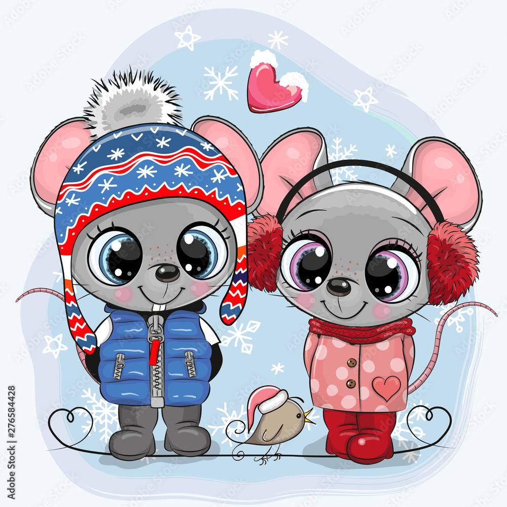 Mouses Boy and Girl in hats and coats - obrazy, fototapety, plakaty 