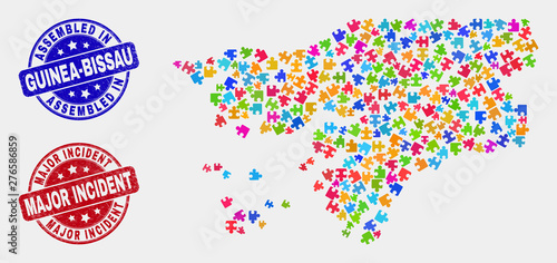 Puzzle Guinea-Bissau map and blue Assembled seal stamp, and Major Incident grunge stamp. Colored vector Guinea-Bissau map mosaic of puzzle parts. Red rounded Major Incident rubber.