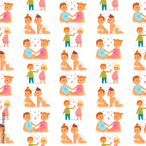 Couple in love vector characters togetherness happy smiling people romantic woman amorousness together adult relationship seamless pattern background.