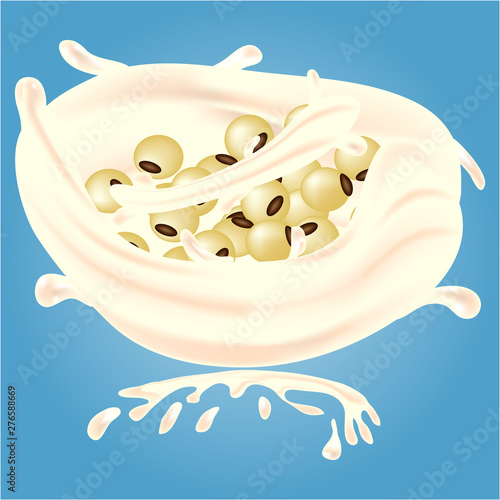 Soy beans fall into soy milk, causing a splash of soy milk.