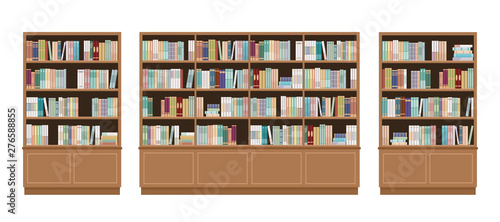Three bookcases full of books. Isolated on white background. Education library and bookstore concept.  Vector illustration.