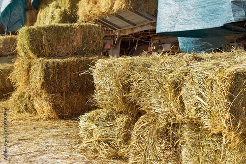 Sale of straw briquettes near loaded cars