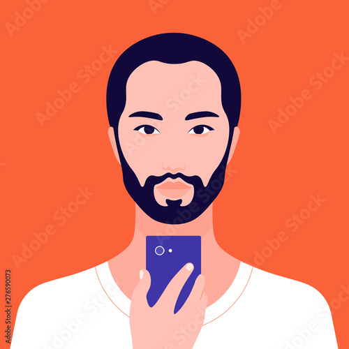 Portrait of an Asian male holding a mobile phone in his hand. Avatar bearded man. Addiction on the Internet and social networks. Vector Flat Illustration