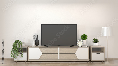 Smart Tv Mockup on zen living room with decoraion minimal style. 3d rendering