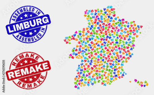 Component Limburg Province map and blue Assembled stamp, and Remake scratched seal stamp. Colored vector Limburg Province map mosaic of plug-in components. Red rounded Remake seal.