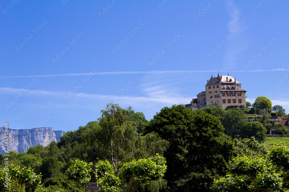 Beautiful view of castle on a sunny day.Menthon-Saint-Bernard.France.