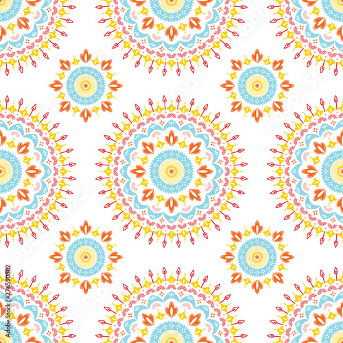 Colorful folk mandala pattern. Seamless ethnic background with abstract flowers