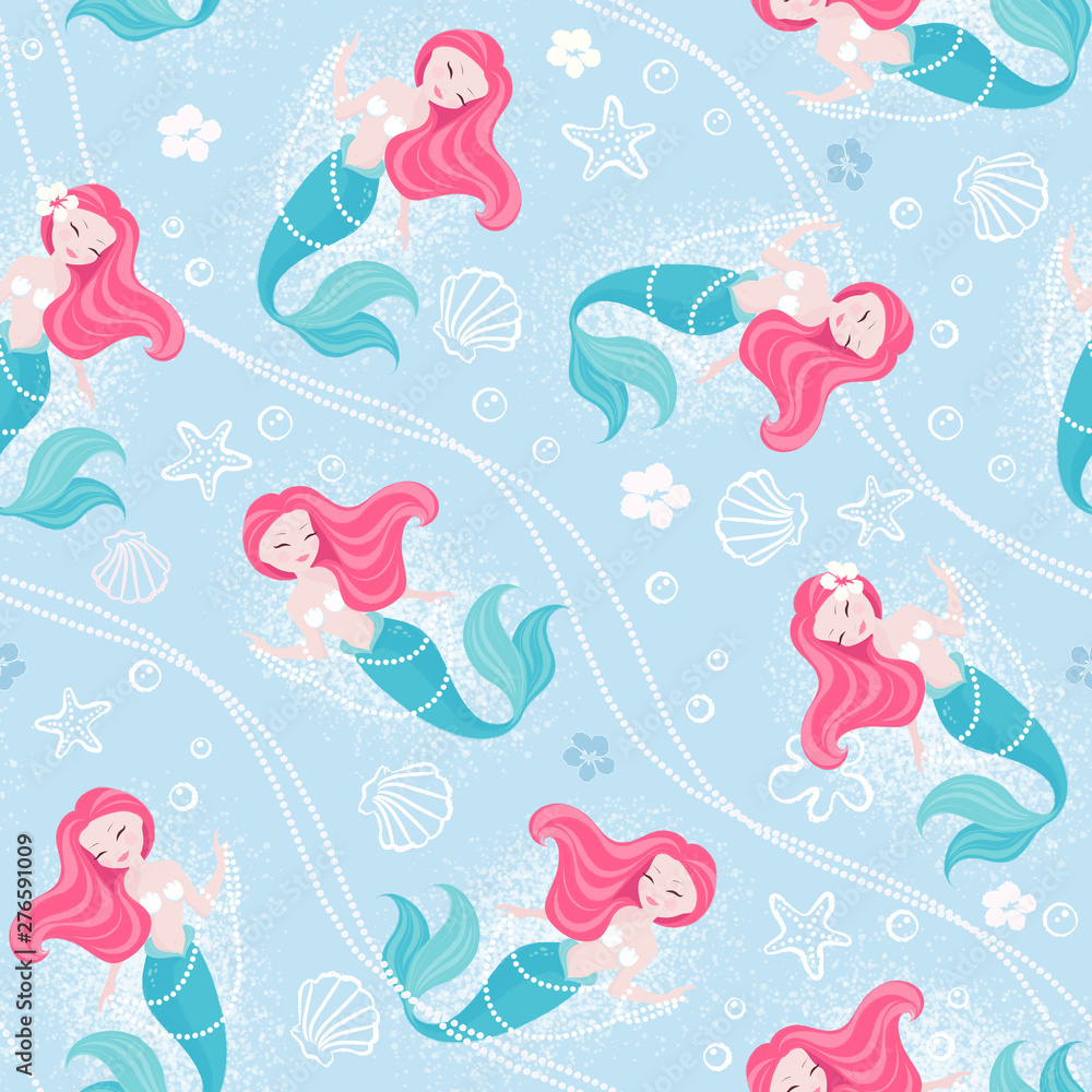 Blue pastel mermaid pattern for kids fashion artwork, children books, prints and fabrics or wallpapers. Fashion illustration drawing in modern style for clothes. Coral mermaid.