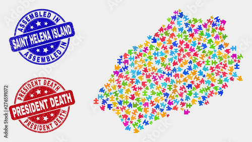 Puzzle Saint Helena Island map and blue Assembled seal stamp, and President Death scratched seal stamp. Colored vector Saint Helena Island map mosaic of plug-in components.
