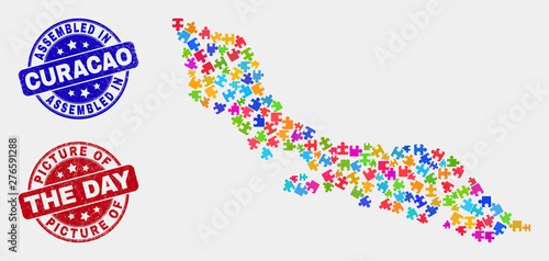 Assemble Curacao Island map and blue Assembled stamp, and Picture of the Day distress stamp. Colorful vector Curacao Island map mosaic of plugin modules. Red round Picture of the Day stamp.