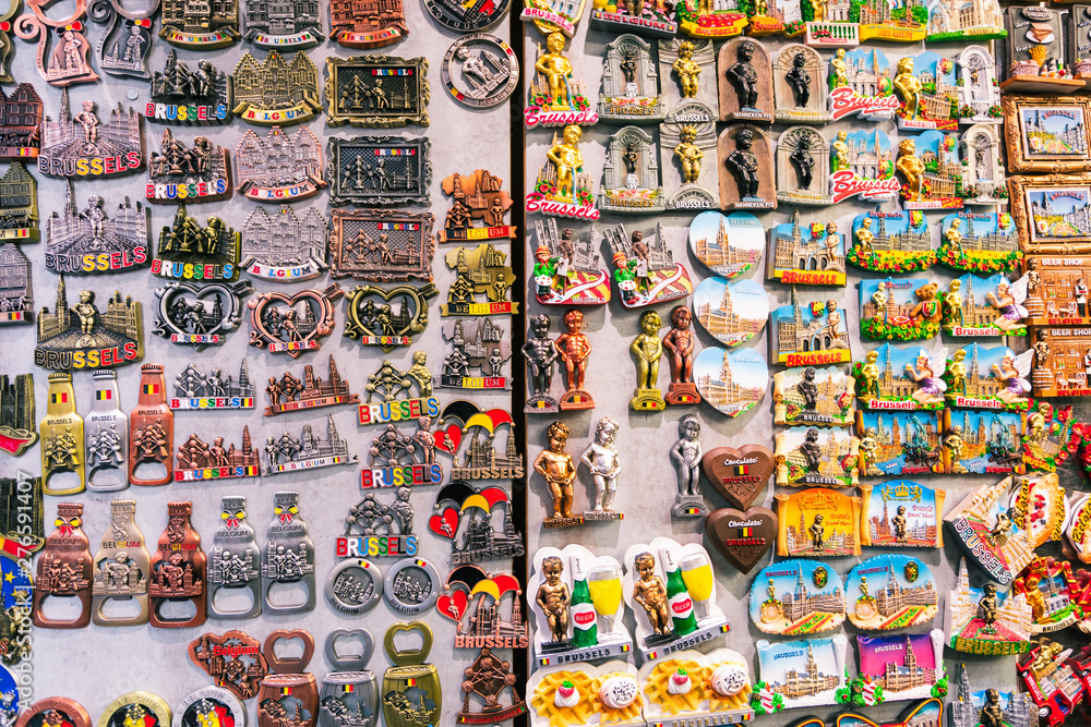 Magnets souvenirs from Brussels on a showcase