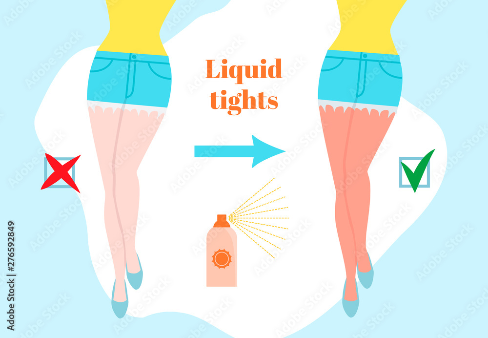 Liquid tights cartoon style concept. Before and after female legs with sun tanning. Sun burned skin. Cosmetic spray banner