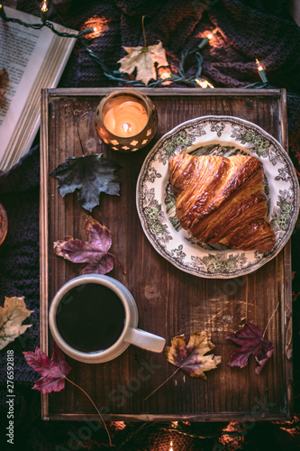 Cozy time at home with cup of coffee on a Autumn season