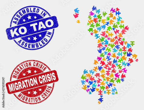 Puzzle Ko Tao map and blue Assembled seal stamp, and Migration Crisis textured seal stamp. Bright vector Ko Tao map mosaic of plugin modules. Red round Migration Crisis seal.